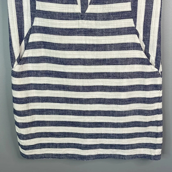 KENAR Linen Blend Striped Mini Dress Blue Oatmeal Cutouts Pockets Coastal Size M - Picture 4 of 11